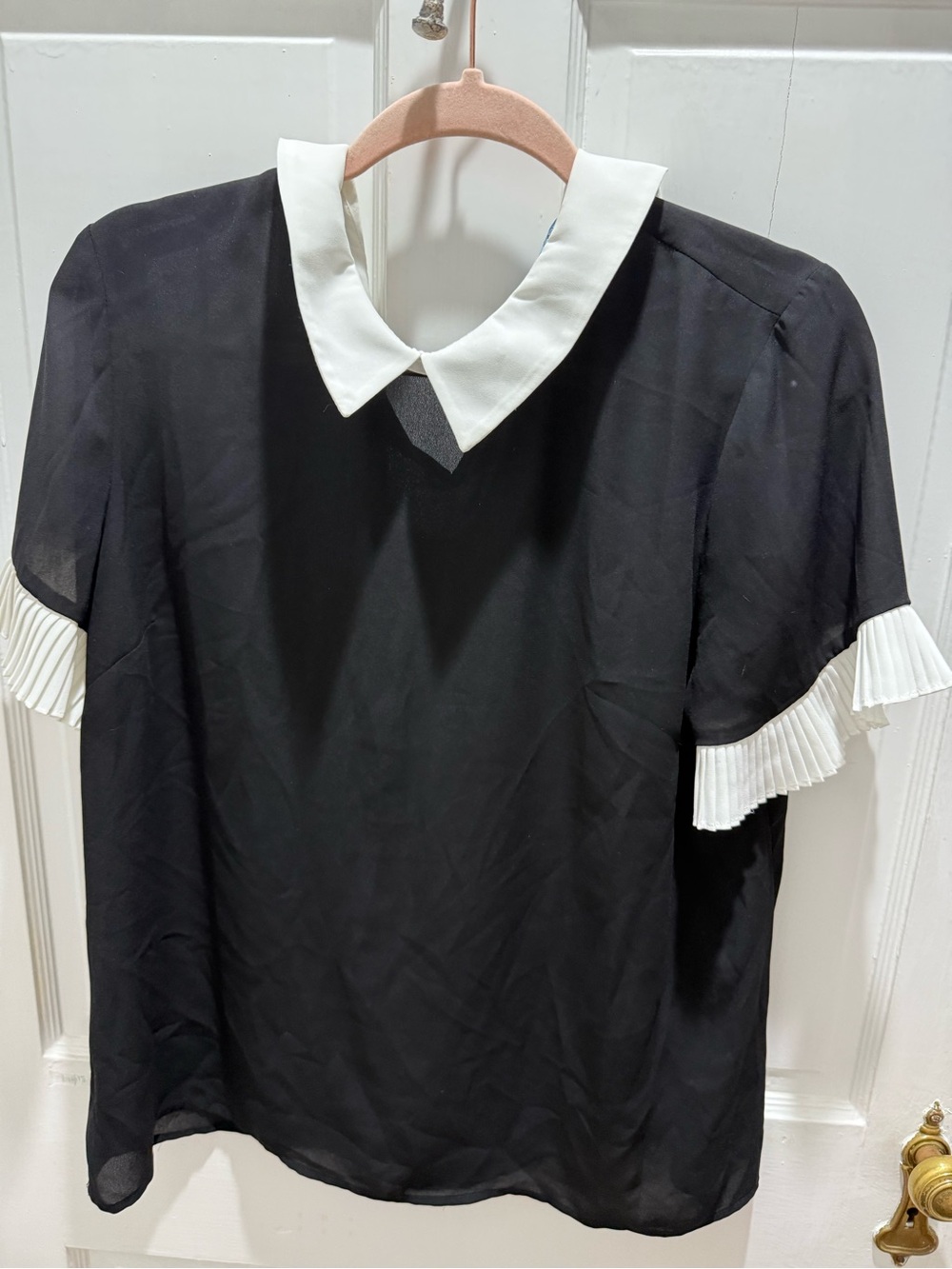 CeCe Black Blouse with White Contrast Collar and Pleated Sleeve Trim